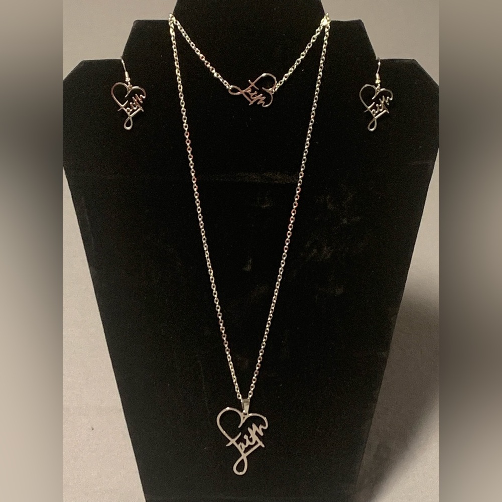 3 Piece Stainless Steel “Heart of Faith” Set (Bracelet, Necklace & Earrings, NEW